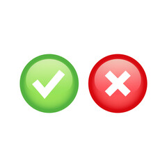 Checkmark or tick and cross glossy button set. Green and red right and wrong colorful icon set.