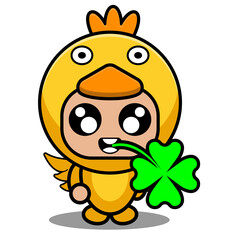 farm animal mascot costume cartoon vector illustration cute chicken biting clover