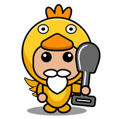 farm animal mascot costume cartoon vector illustration cute chicken holding shovel