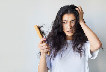 Woman have damaged and broken hair, loss hair, dry problem concept. - obrazy, fototapety, plakaty