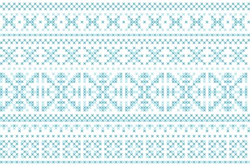 Winter seamless pattern with cross stitch ornament in light blue colors.
