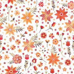 Embroidery seamless pattern with bright flowers in folk style. Vector illustration.