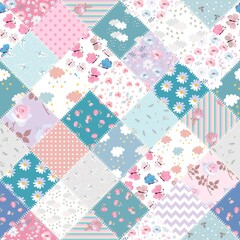 Delicate patchwork ornament of patches decorated with fluttering butterflies, flowers, polka dots, stripes, stars and clouds. A sample of seamless fabric for a child. - obrazy, fototapety, plakaty