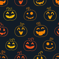 Cute hand drawn Halloween pumpkins seamless pattern, happy faces, great for textiles, banners, wrapping, wallpapers - vector design