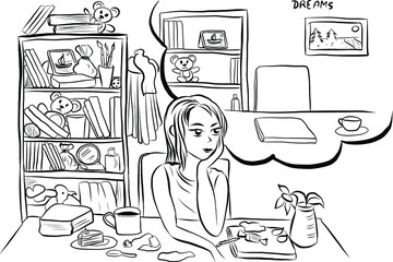 Outline vector girl dreaming about cleanliness and minimalism with mess around her