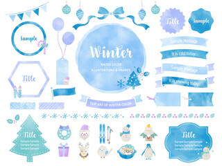 冬色の水彩風イラストとフレームのセット /   飾り, 自然, クリスマス, サンタクロース