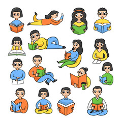 Male and female cartoon characters reading books sticker set. Collection of men and women studying and learning vector illustrations isolated on white background. Education, hobby, literature concept