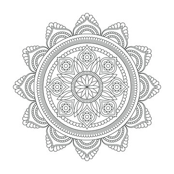 Isolated flower mandala in vector. Round line pattern. Vintage monochrome element for coloring pages, tattoo, decoration