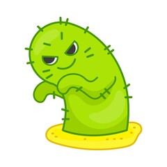 Scary green cactus cartoon character sticker. Spiky plant frightening someone in desert. Flat vector illustration. Emotions concept