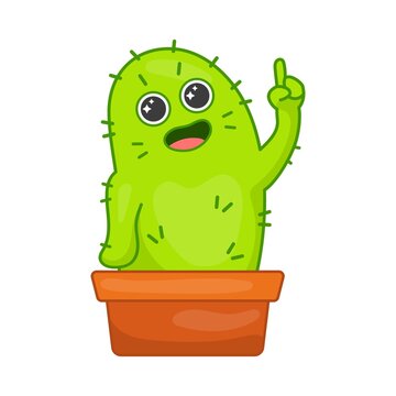 Green cactus cartoon character having idea. Cute plant raising index finger up. Flat vector illustration. Creative idea concept