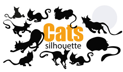 Set of vector silhouettes of cats in different poses. Black icons of cats isolated on white. Vector illustration