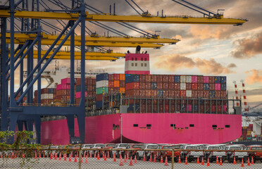 Logistics and transportation of Container Cargo ship and Cargo plane with working crane bridge in...