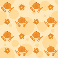 Orange Pumpkins With Wheat Ears And Flowers Decorated Background.