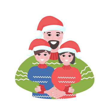 Happy father with kids in Christmas wearings. Daddy hugs his children festive illustration.