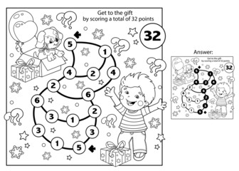 Math addition game. Puzzle for kids. Maze. Coloring Page Outline Of cartoon Boy with dog and gifts. Christmas. New year. Coloring book for children.