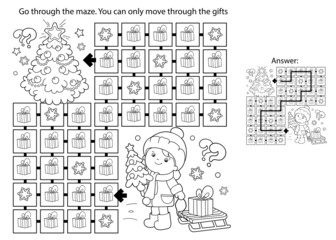 Maze or Labyrinth Game. Puzzle. Coloring Page Outline Of children with gifts at Christmas tree. Christmas. New year. Coloring book for kids.