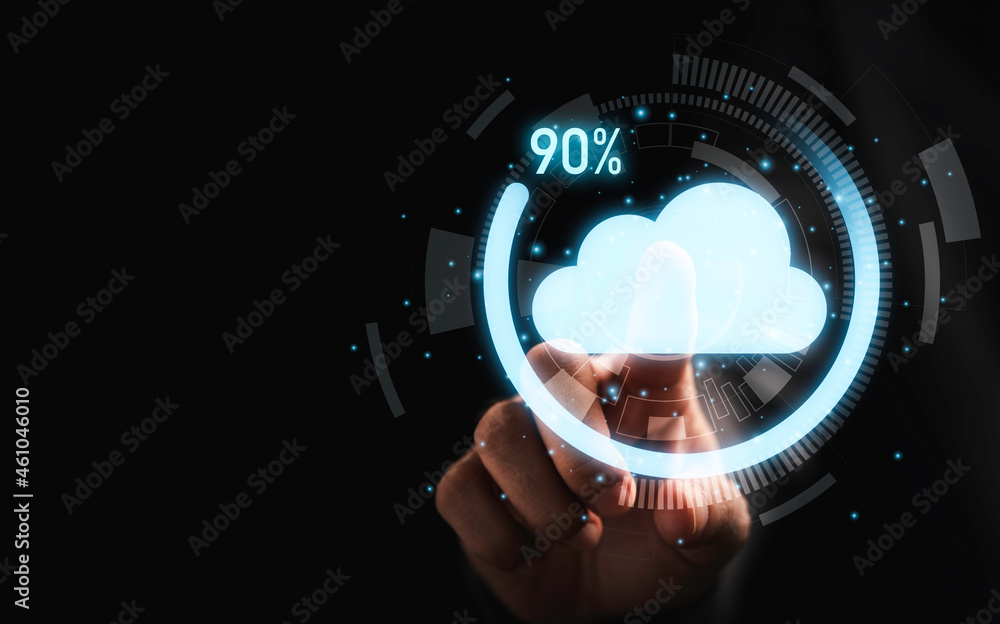 Poster businessman touching to virtual cloud computing and download percentage progress for transfer data i