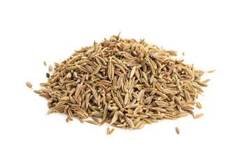 Pile of Cumin seeds isolated on white background. Cuminum cyminum