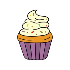 Traditional Halloween baked goods pumpkin cupcake with frosting colorful sugar sprinkles. Trick or treat sweets party favor for kids. Holiday fun concept. Sticker icon for design