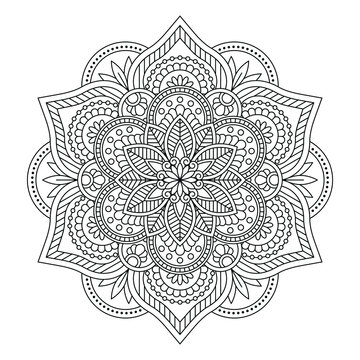 Vector black flower mandala. Line round vintage pattern for design isolated on white background. For coloring book, pillow, bed linen, utensils, stand for mugs, engraving