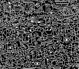 Black and white cartoon pattern on a black background, abstract design, seamless background.