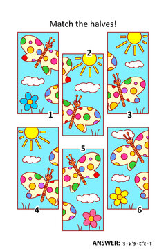 Visual puzzle with halves of picture cards. Butterflies in spring or summer. Can you match the halves?
