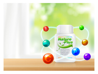 Multivitamin ad Help strengthen the body. Immunity with multiple vitamins in atomic orbital concept. Realistic file. - obrazy, fototapety, plakaty