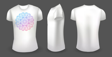 White male t shirt with mandala. Front, back and side view. Vector