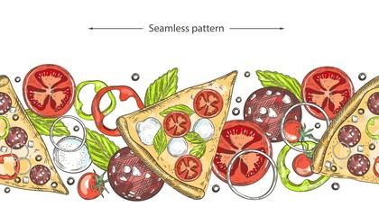 Seamless pattern with pizza. Hand drawn pizza ingredients, restaurant and pizzeria, cafe menu.