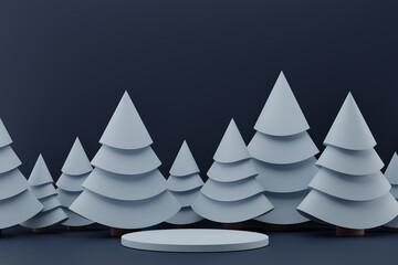 Christmas and New Year composition. Christmas trees forest and circle podium on dark blue background. Winter holiday background