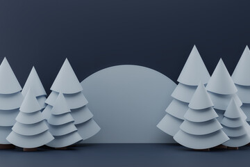 Christmas and New Year composition. Christmas trees forest and circle podium on dark blue background. Winter holiday background