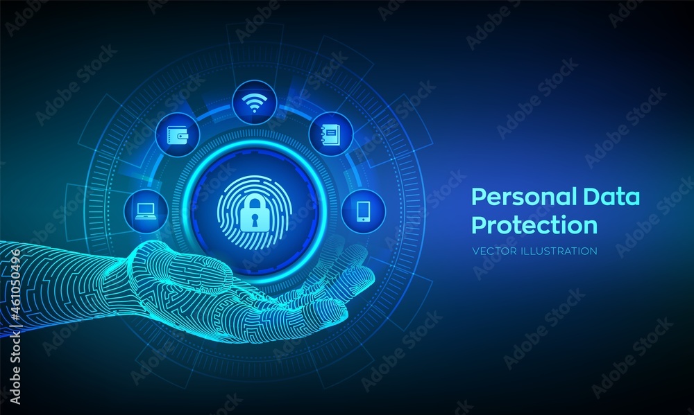 Poster personal data protection business concept on virtual screen. cyber security. fingerprint with padloc