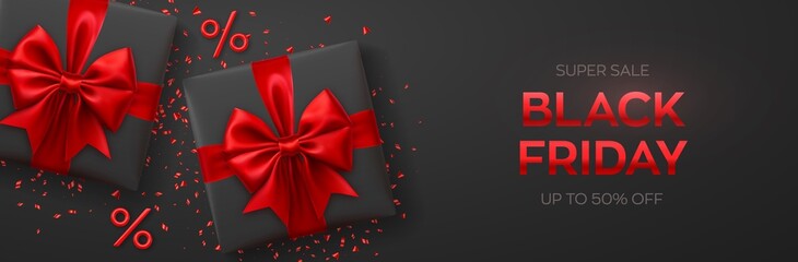 Black Friday Super Sale. Realistic gifts boxes with red bows. Dark background with present boxes and percent symbols. Horizontal banner, poster, header website. Vector illustration.