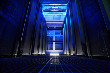 Modern interior of mainframe with blue neon
