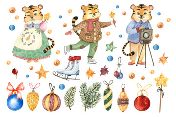 Obraz na płótnie Canvas Watercolor hand painted clipart with Christmas illustration.Cute characters and elements: little tigers in costumes,stars,snowflakes,vintage Christmas tree toys and symbols new year