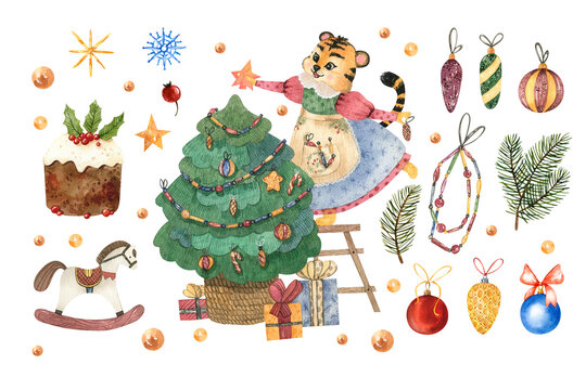 Watercolor hand painted clipart with Christmas illustration.Cute characters and elements: little tigers in costumes,gingerbread,stars,snowflakes,vintage Christmas tree toys and symbols new year
