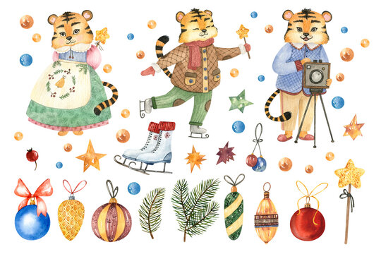 Watercolor hand painted clipart with Christmas illustration.Cute characters and elements: little tigers in costumes,stars,snowflakes,vintage Christmas tree toys and symbols new year