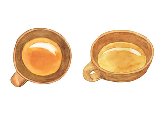Clay cup or mug top view two element isolated on white background. Watercolor hand drawing illustration. Brown tableware.