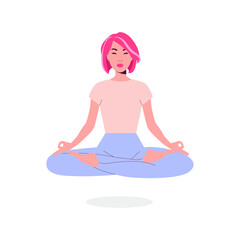 Asian young woman yoga. Asian yoga girl meditating isolated on the white background. Vector illustration