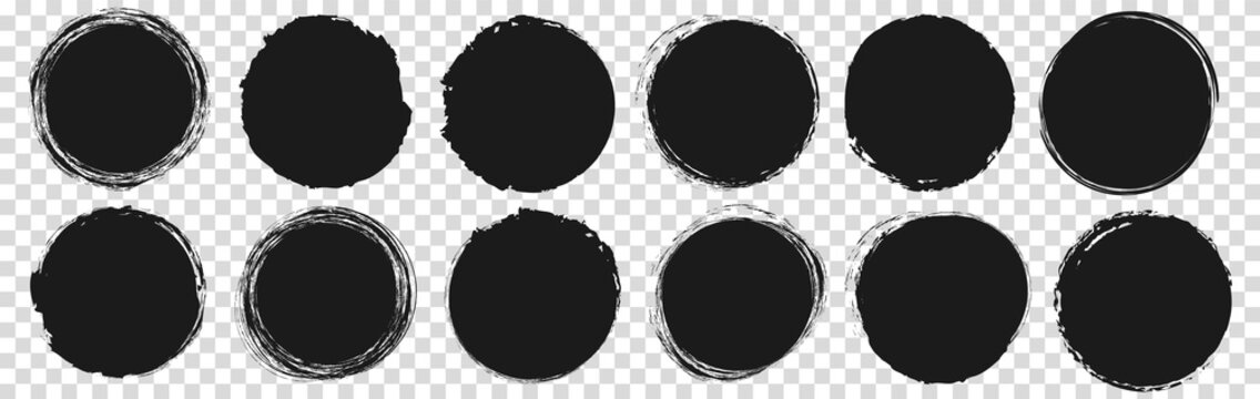 set of vector round brush painted ink stamp circle banner on transparent background