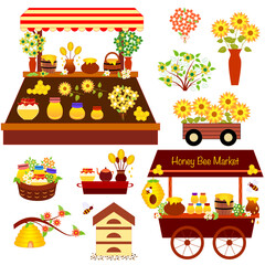Honey farmers market with flowers, honey bees and farmers stand