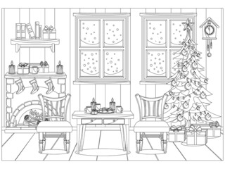 Coloring book for kids and adults in the form of a vector room prepared for the celebration of the new year and Christmas.