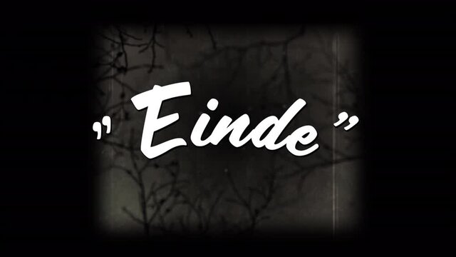 Digital animation of einde text against vhs effect over creepy trees against black background