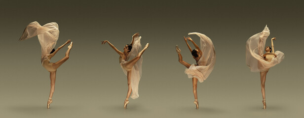 Collage of portraits of one young beautiful female ballet dancer dancing with fabric, cloth...