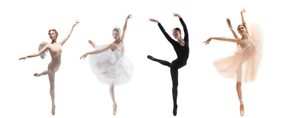 Collage of portraits of young beautiful female ballet dancers in action, motion isolated on white...