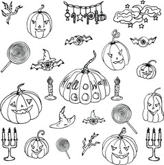 Hand-drawn sketch on the Halloween theme. Pumpkins, candles, flying eyes, lollipops