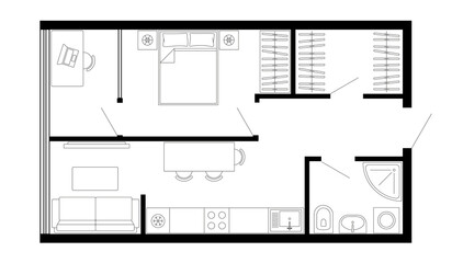 Floor plan of apartment. Vector architecture studio plan of condominium, flat, house. Interior design elements kitchen, bedroom, bathroom furniture. 2D micro studio apartment floor plan.