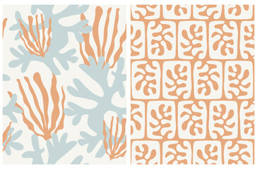 Fototapeta na wymiar Abstract Sea Flora Seamless Vector Patterns. Blue and Orange Hand Drawn Corals Isolated on a Beige Background. Floral Irregular Print Ideal for Fabric, Textile, Wrapping Paper.Underwater Garden Print.