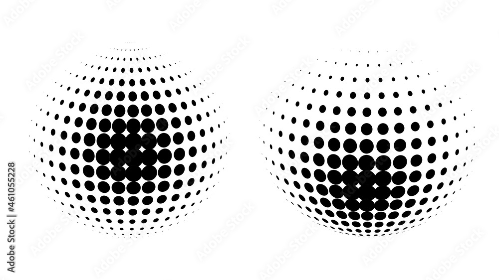 Poster set of vector halftone spheres. dotted circles with black and white gradient. pattern design element