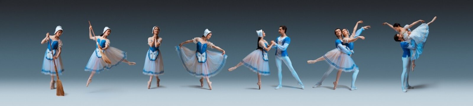 Composite image of portraits of ballet dancers couples in theater performance Cinderella isolated on gray background. Concept of art, beauty, aspiration, creativity
